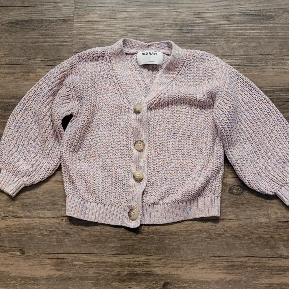 Old Navy‎ Girls 3T Pastel Marl Knit Cardigan Sweater Button Front Balloon Sleeve